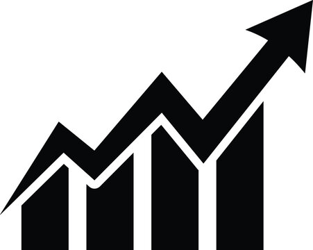 Black and white graphic showing a rising bar chart with an upward trending arrow symbolizing growth