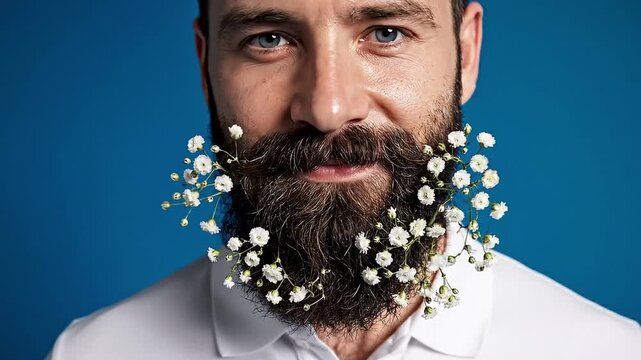 Closeup of a man with a thick beard decorated with small white babys breath flowers, creative grooming concept against a solid blue background