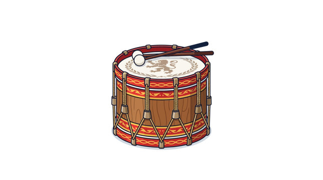 Traditional ceremonial parade drum illustration with lion crest and sticks