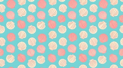 Seamless seashell pattern with pink and cream shells on teal