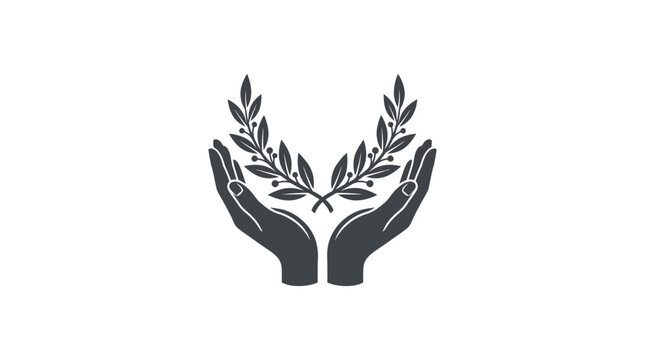 Minimalist hands cupping laurel branches symbol for peace and victory