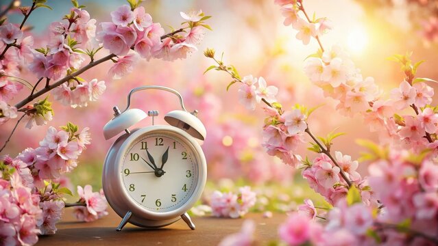 The white alarm clock stands elegantly amidst a vibrant arrangement of pastel pink spring blossoms softly illuminating the delicate petals and gentle