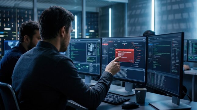 Cybersecurity team monitoring server room data screens with critical system alert warning, IT specialists analyzing network security threats