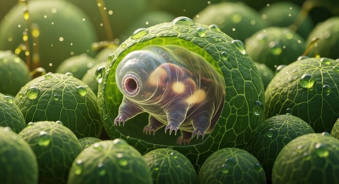 Microscopic Tardigrade Hiding Within Dew-Covered Green Leaf