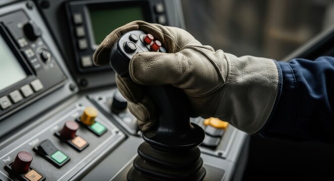 Gloved Hand Operating a Complex Control Joystick on a Technology Panel