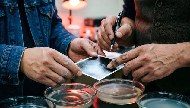 Photographers Examining Print In Darkroom For Mentorship Concept