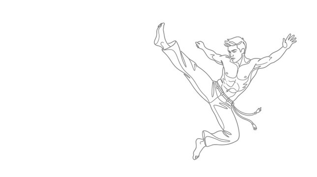 Continuous line art of a shirtless man performing a high martial arts kick or capoeira move

