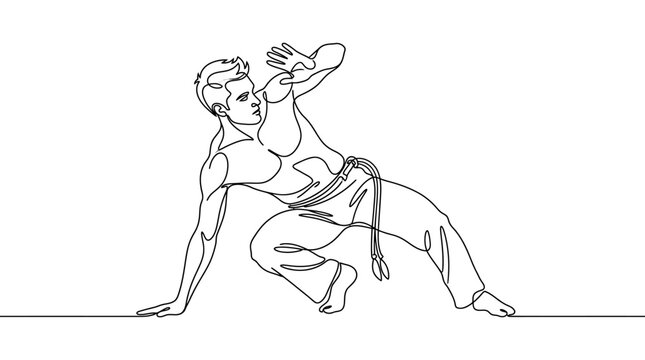 Continuous line drawing of a man practicing Capoeira. Minimalist Brazilian martial arts pose and dance fighting illustration.
