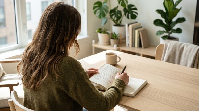 Woman writing in personal journal or diary at home table with coffee cup, mindfulness and self reflection lifestyle concept, cozy indoor atmosphere with plants