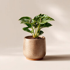 Fototapeta premium Potted green anthurium plant in a textured earthy ceramic pot with still life, potted flowe