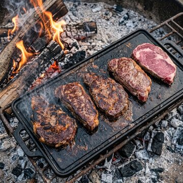 Beef steaks searing on cast iron griddle over campfire.