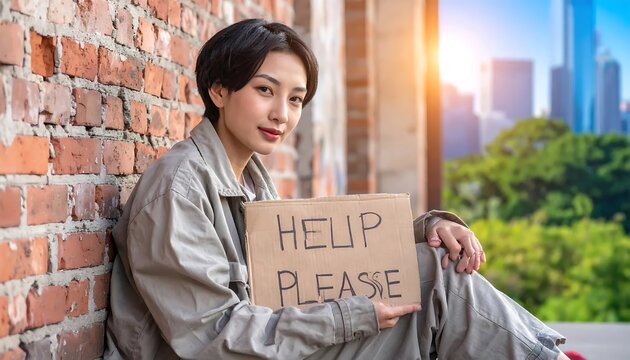Homeless young person sitting by brick wall holding help please cardboard sign in city.