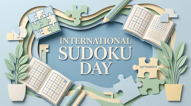 Paper cut illustration design for international sudoku day with puzzle pieces books with depicts paper art design with books light blue background