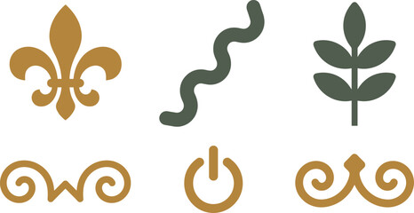 Minimal Decorative Icon Set with Fleur de Lis, Botanical Leaf, Power Button, Ornamental Swirls, and Abstract Design Elements for Creative Vector Projects © MstSabina