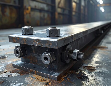 Heavy duty steel beam secured with large bolts in an industrial factory setting.