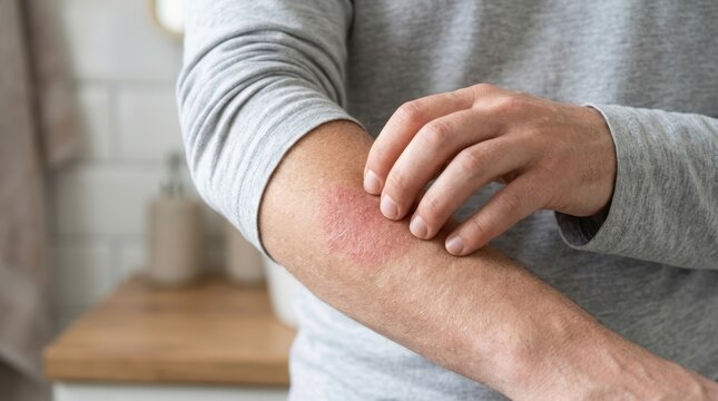 Close up of a man scratching a red irritated rash on his forearm.