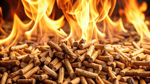 Wooden biomass in flames pellets made of fir wood