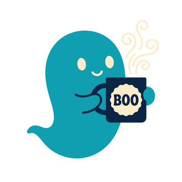 Cute cartoon blue ghost holding a hot steaming mug with the word Boo written on it.