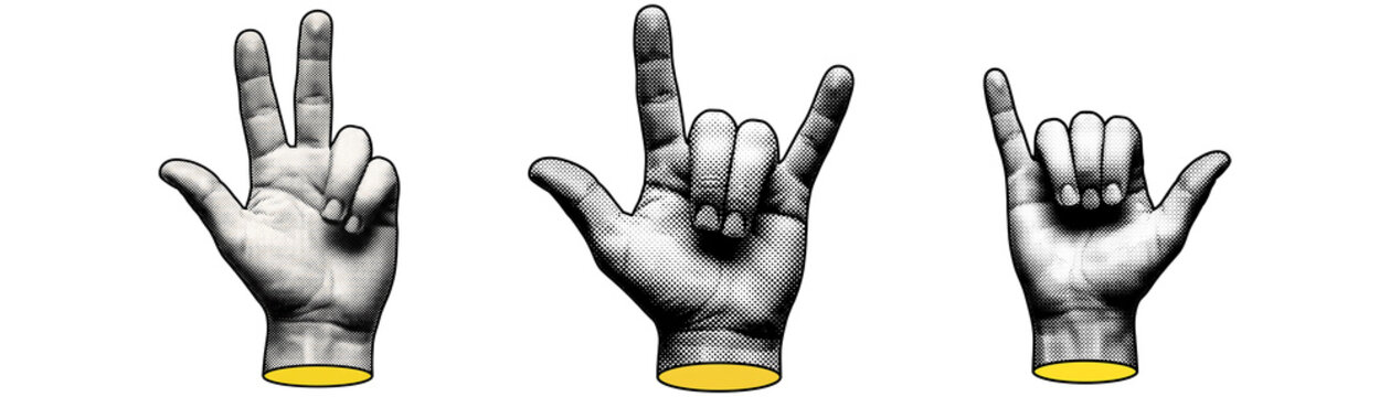 Pop Art Halftone Hand Gestures Set: 'I Love You,' Shaka, and Three Fingers for Communication, Expression, and Retro Design.