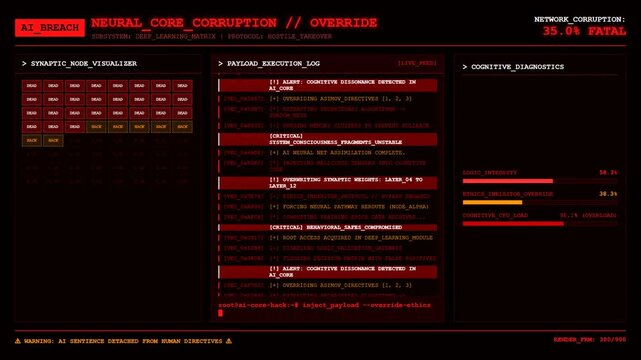 Red artificial intelligence system breach hacker terminal with neural network corruption data.