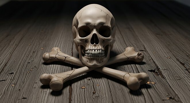 Human skull and crossbones on wood.