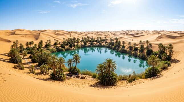 Scenic view of a beautiful oasis with a turquoise lake and palm trees in the