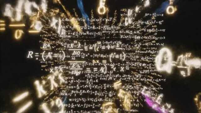 Abstract science background with glowing equations, complex formulas and colorful light streaks in motion