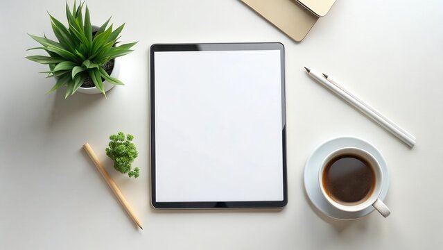 Digital tablet mockup on white workspace with cup and office supplies in minimal flatlay style