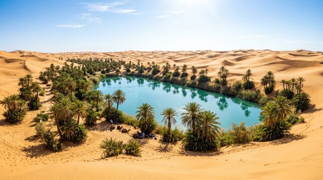 Beautiful desert oasis landscape with palm trees and blue water in the Sahara.