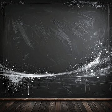 A dark gray background resembling a chalkboard with white streaks and splatters, with a wooden base at the bottom