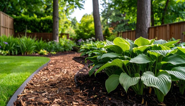 Close up view of green hosta plants in garden.