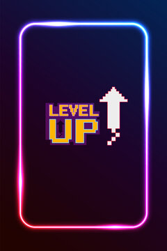 Level up. pixel art 8 bit. Retro Futurism Sci-Fi Background. glowing neon grid. and stars from vintage arcade computer games. Vertical Backgrounds