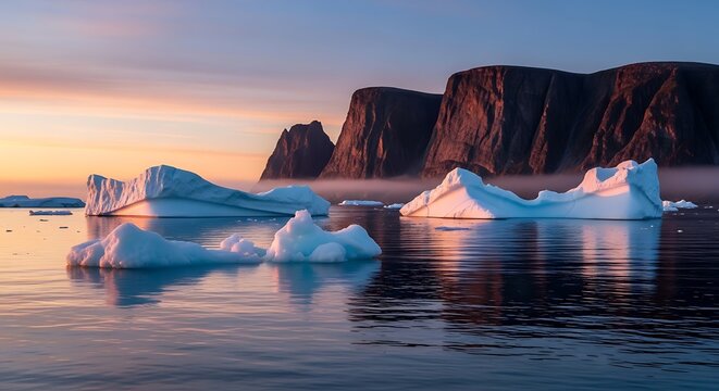 Icebergs floating in calm sea water.
