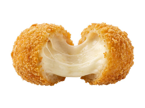 Crispy Fried Mozzarella Cheese Ball with Stretchy Melted Cheese Isolated on Transparent Background
