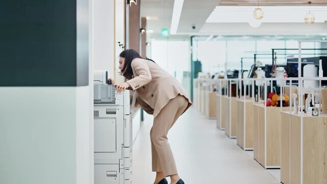 Young Asian Businesswoman Collecting Printed Documents from Office Printer