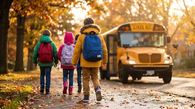 Children wearing backpacks walk towards a yellow school bus on a sunny autumn day surrounded by colorful fall foliage on street.
