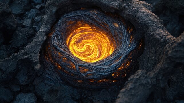 Molten lava swirling inside a dark volcanic crater with glowing orange heat and rough textures