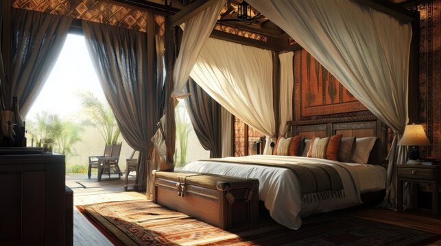 Luxurious canopy bed inside a rustic tropical villa with soft sunlight streaming through open curtains daily