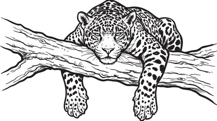 Jaguar resting on tree branch, black and white illustration, wildlife vector, animal design element, spotted feline © হরি চাঁদের চাঁদ