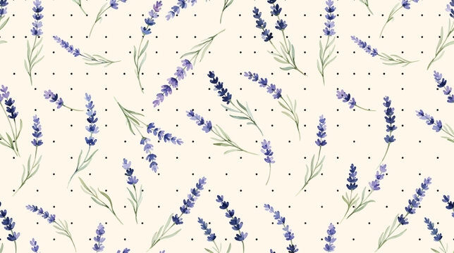 Seamless pattern with watercolor lavender flowers and small black polka dots on a light cream background