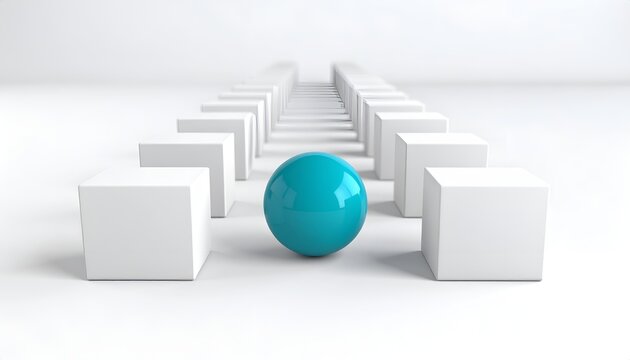 Turquoise sphere centered between geometric white blocks, illustrating focus, uniqueness, balance, leadership and strategic positioning.