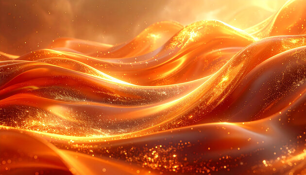 Abstract close-up of flowing molten gold or fiery liquid with shimmering particles and dynamic waves.