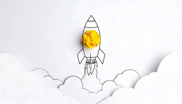Creative paper rocket sketch with crumpled paper launch, representing imagination, startup ideas, innovation, vision and business growth.