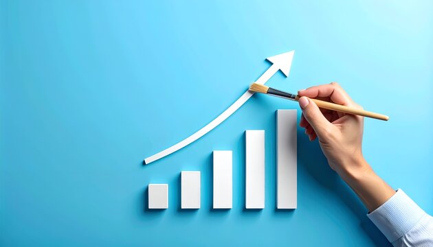 Hand painting a rising chart and arrow over bar graph, representing business growth, financial performance, investment and strategic planning.