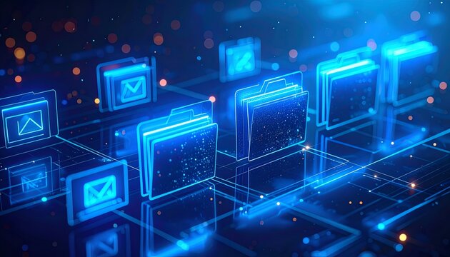 Futuristic cloud file management system with illuminated folders and digital icons, representing secure storage, document synchronization and data organization.