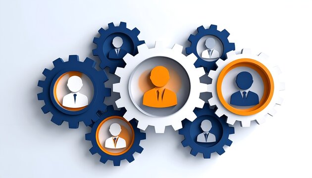 Network of interconnected gears with user icons representing collaboration, communication, leadership, workflow automation and organizational efficiency.