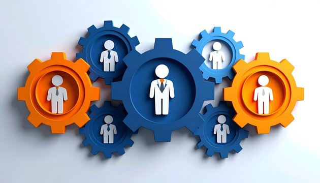Colorful gear system with employee icons symbolizing leadership, human resources, teamwork, productivity and organizational management in a modern 3D illustration.