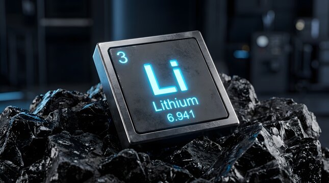 A shiny metal lithium element cube displays its symbol and atomic number on a dark mineral rock in a laboratory setting with a blurred background.