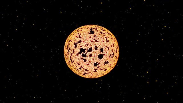 Realistic sun sphere radiating intense warmth animation. Fiery energy sphere exploding and particles are moving. Burning ball of flames in outer space. Solar flares erupts of cinematic cosmic view.