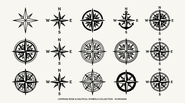 Nautical compass rose and maritime navigation star icons.